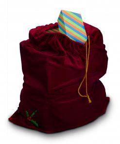 Sunnywood Santa Christmas Gift Bag 36" x 27" Large Stretchy Velour Sack with Golden Drawstring and Holly Design, Red