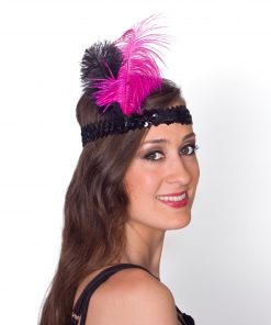 Black Flapper Headpiece (w/Pink Feather)